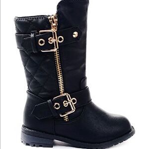 Link Baby Girls Black Dual Buckle/Zip Quilted Black Moto Boots